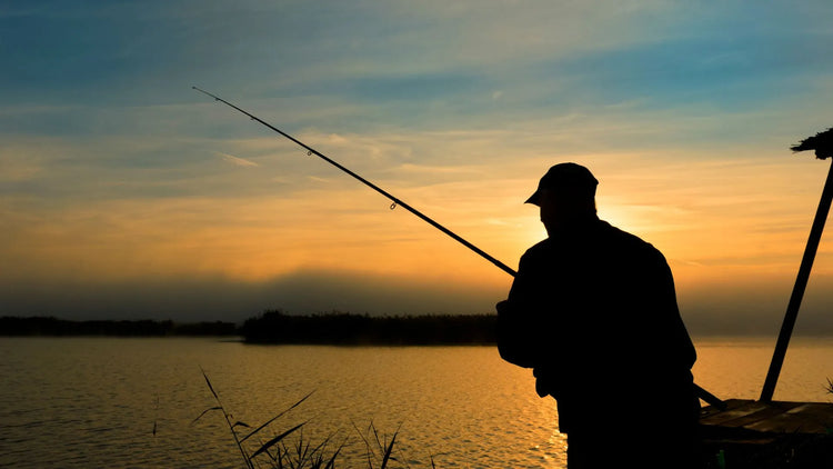 Angelrute am Wasser bei Sonnenuntergang
