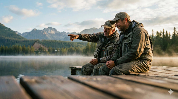 Zwei Angler sitzen am Steg und tauschen sich über das Angeln aus