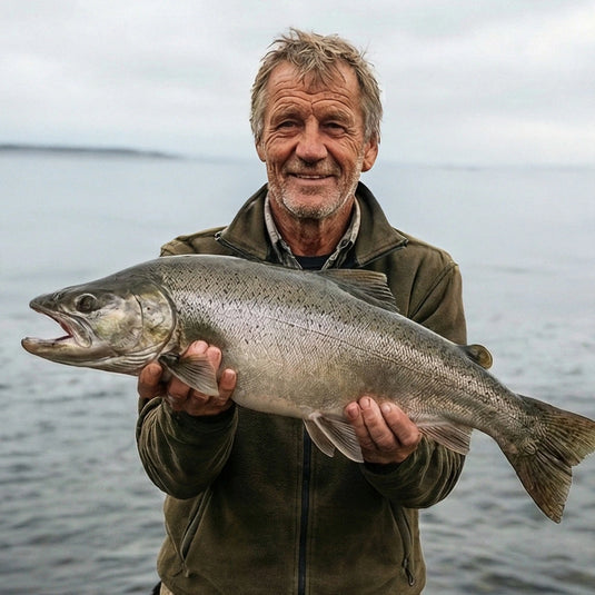 Angler präsentiert Fang am Gewässer